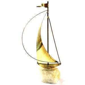 Vintage Demott Brass Sailboat Sculpture 9” MCM Art on Stone Base Signed